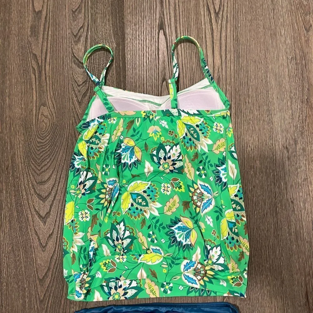 Lands End Bathing Suit Tankini Floral Tank Padded Green Navy Blue Size 4/6